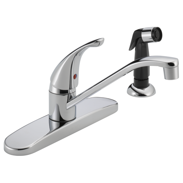 Chrome single-handle kitchen faucet with curved spout and detachable black side spray attachment.