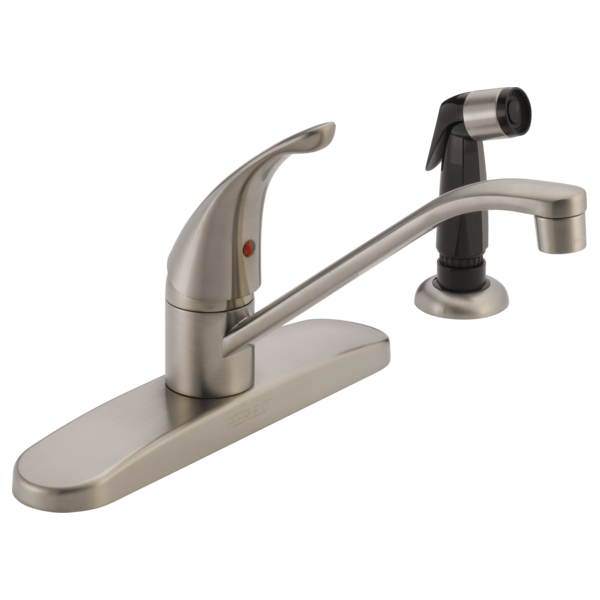 Brushed nickel single-handle kitchen faucet with curved spout and black side spray attachment.