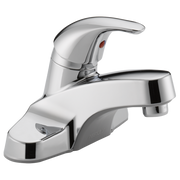 Chrome single-handle bathroom faucet with curved spout and red indicator dot on handle.