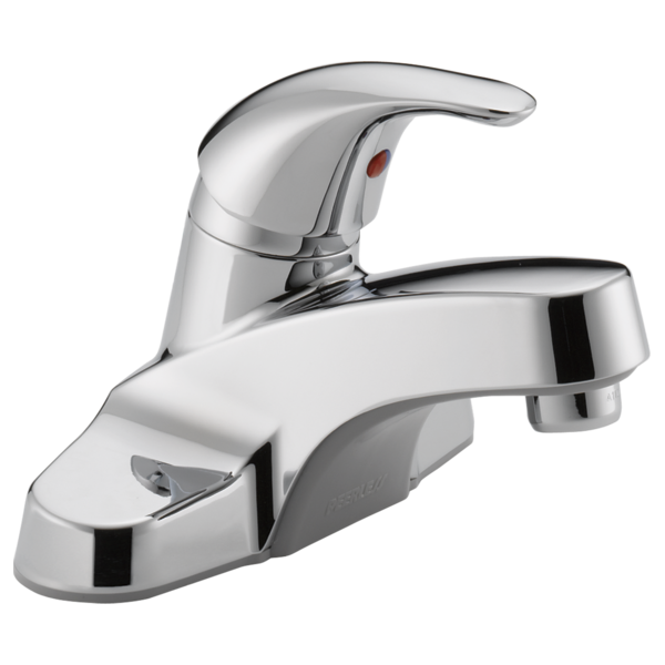 Chrome single-handle bathroom faucet with curved spout and red indicator dot on handle.