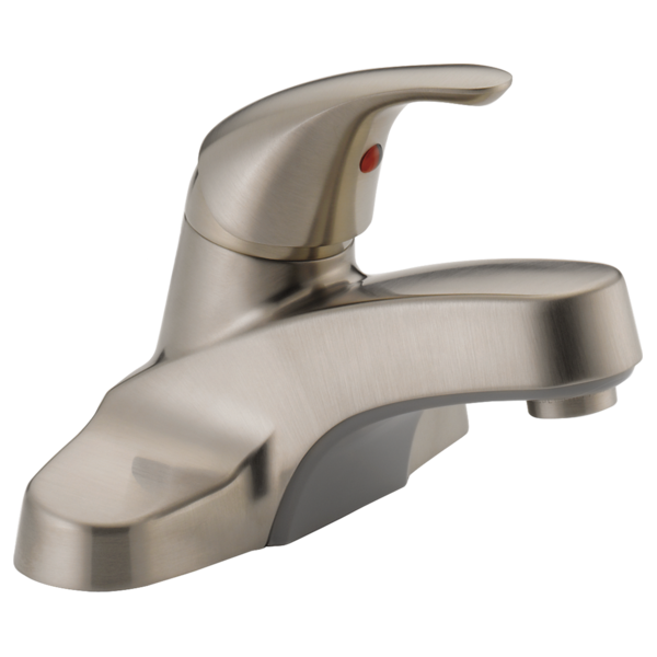 Brushed nickel single-handle bathroom faucet with curved spout and red indicator dot on handle.