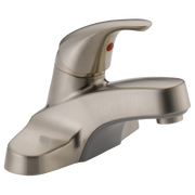 Brushed nickel single-handle bathroom faucet with curved spout and pop-up drain assembly.