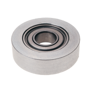 Two-inch diameter ball bearing with metallic finish and concentric grooved rings around central hole.
