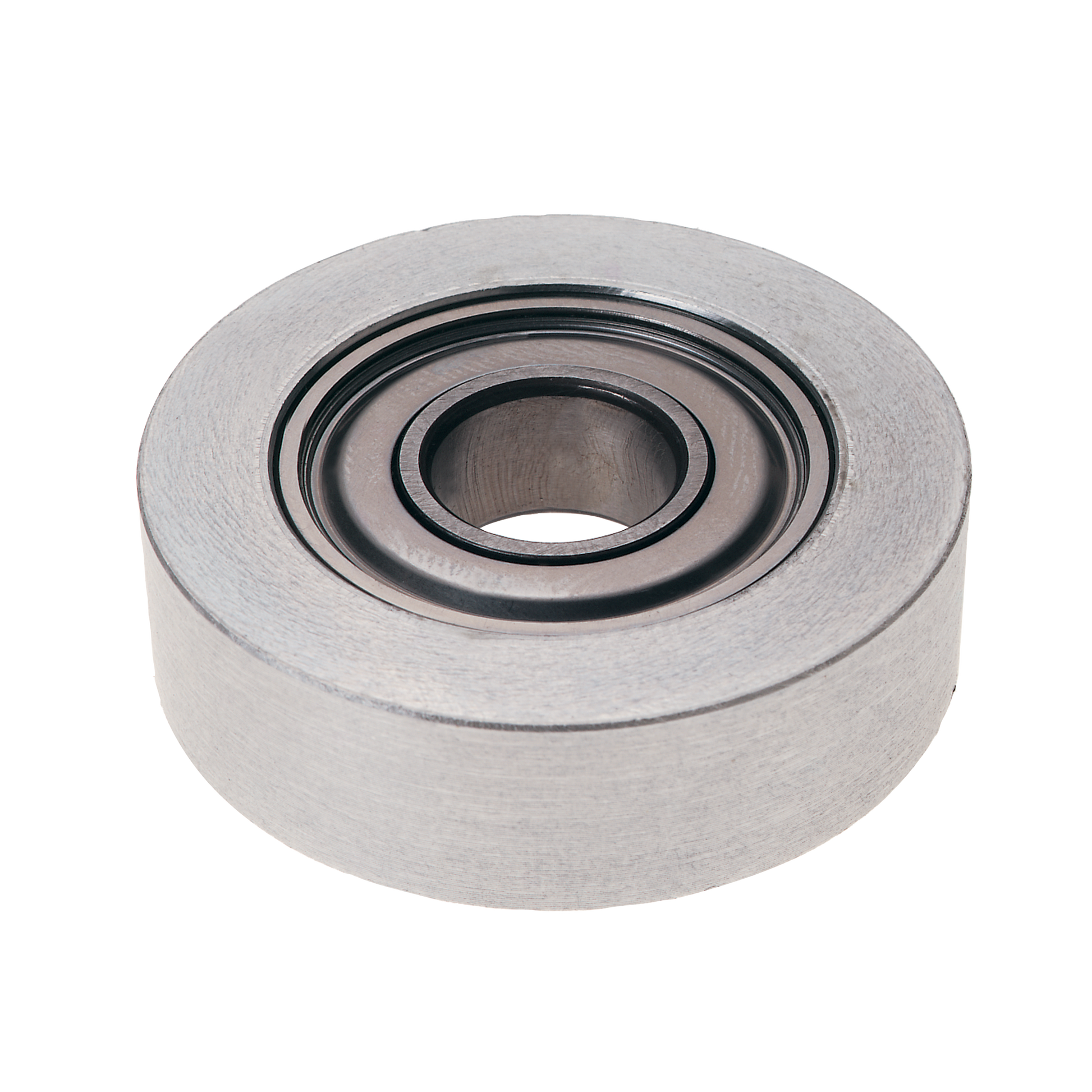 Two-inch diameter ball bearing with metallic finish and concentric grooved rings around central hole.