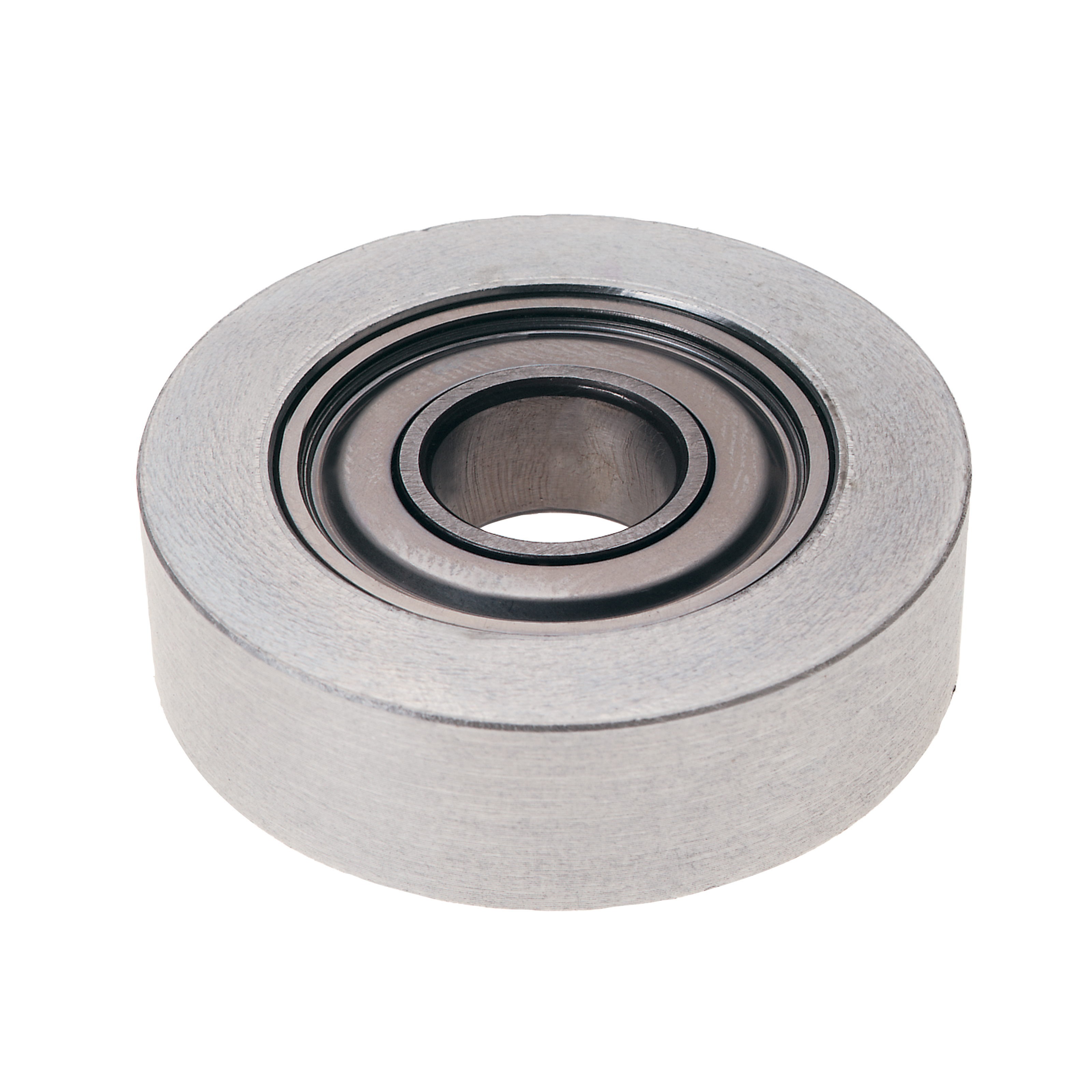 Two-inch diameter ball bearing with metallic finish and concentric grooved rings around central hole.