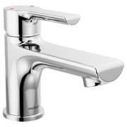 Chrome single-handle bathroom faucet with curved spout and cylindrical body, featuring color-coded hot and cold indicator dot