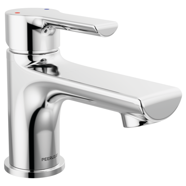 Chrome single-handle bathroom faucet with curved spout and cylindrical body, featuring color-coded hot and cold indicator dot