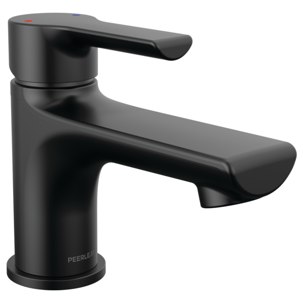 Black single-handle lavatory faucet with curved spout and cylindrical body design.