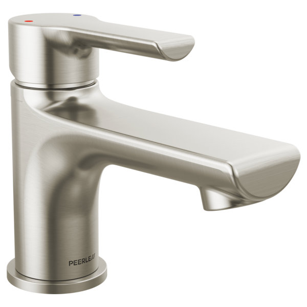 Brushed nickel single-handle lavatory faucet with curved spout and color-coded hot/cold indicators on handle.