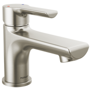 Brushed nickel single-handle bathroom faucet with curved spout and pop-up drain control.