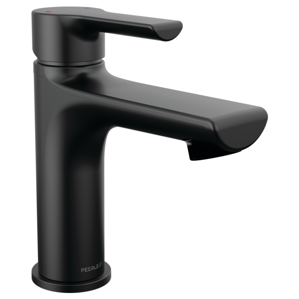 Black single-handle bathroom faucet with tall cylindrical body and curved spout.