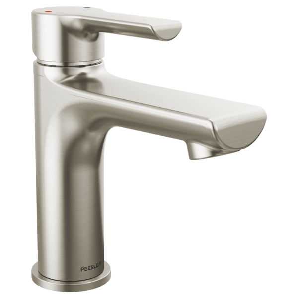 Brushed nickel single-handle lavatory faucet with tall spout and lever handle.