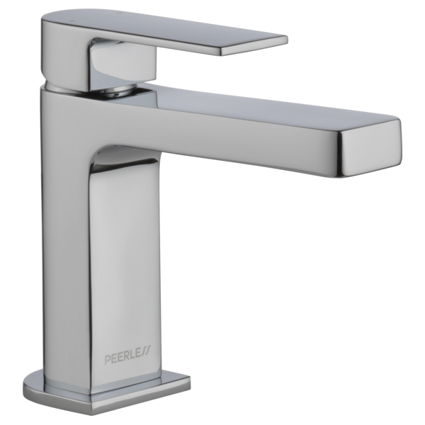Chrome single-handle bathroom faucet with rectangular spout and squared base on white background.