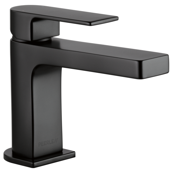 Black single-handle bathroom faucet with rectangular spout and square base mounting.