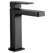 Black single-handle bathroom faucet with high-arc spout and rectangular lever control.