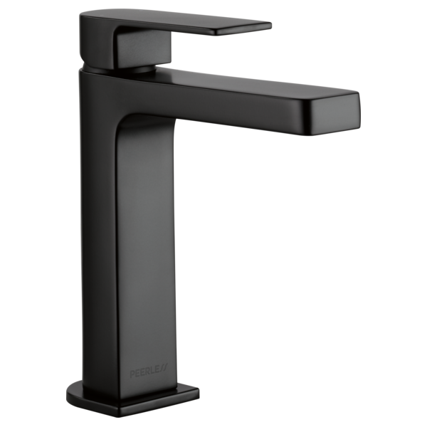 Black single-handle bathroom faucet with high-arc spout and rectangular lever control.