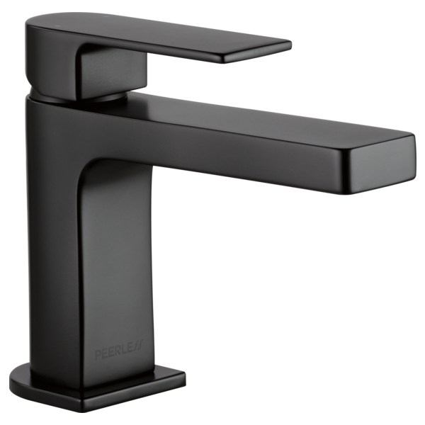 Black single-handle bathroom faucet with rectangular spout and square base design.