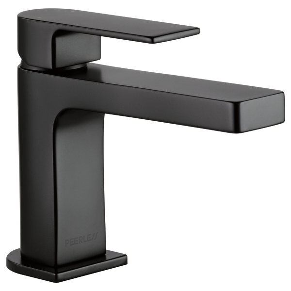 Black single-handle bathroom faucet with rectangular spout and pop-up drain assembly.