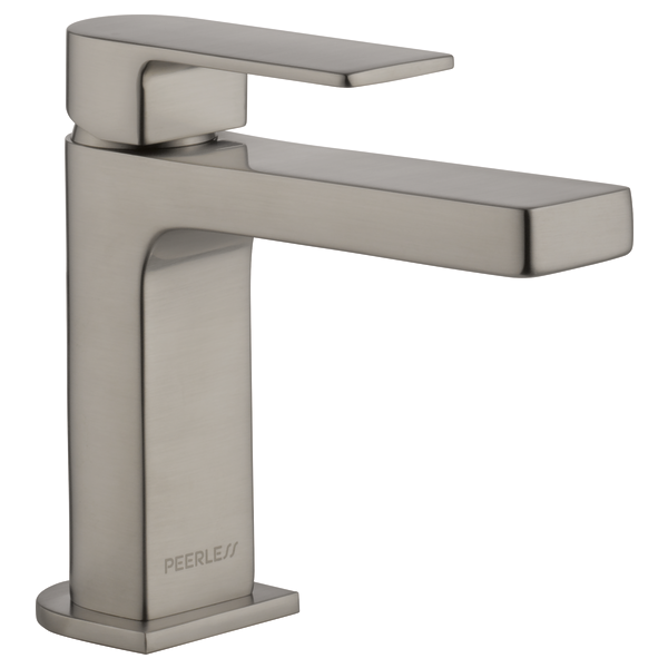Brushed nickel single-handle bathroom faucet with rectangular spout and tall vertical body.