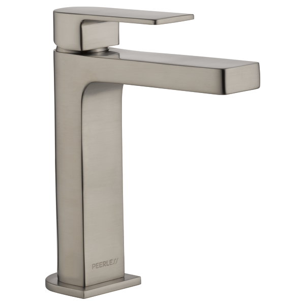 Brushed nickel single-handle lavatory faucet with high-arc spout and rectangular base.