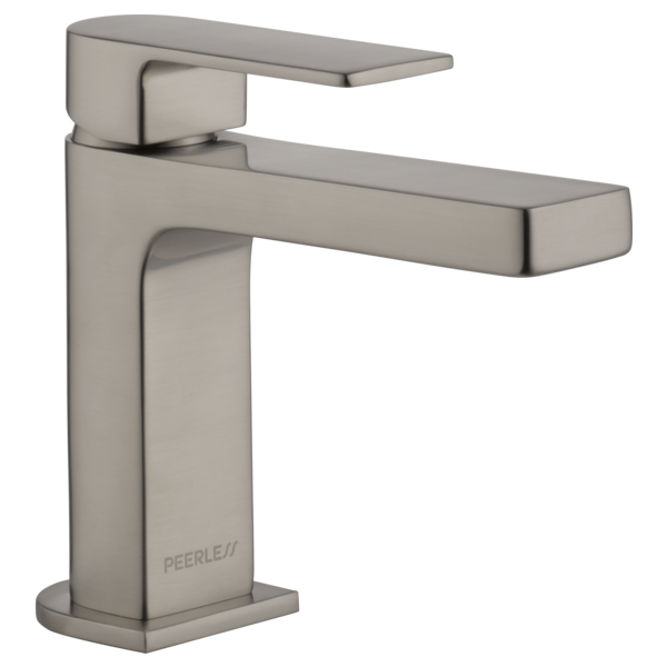 Brushed nickel single-handle bathroom faucet with rectangular spout and square base.
