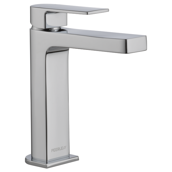 Chrome single-handle bathroom faucet with high-arc spout and rectangular base.