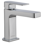Chrome single-handle bathroom faucet with rectangular spout and square base design.