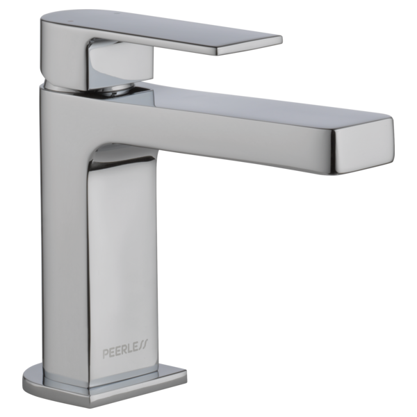 Chrome single-handle bathroom faucet with rectangular spout and square base design.