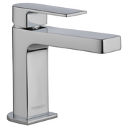Chrome single-handle bathroom faucet with rectangular spout and pop-up drain assembly.
