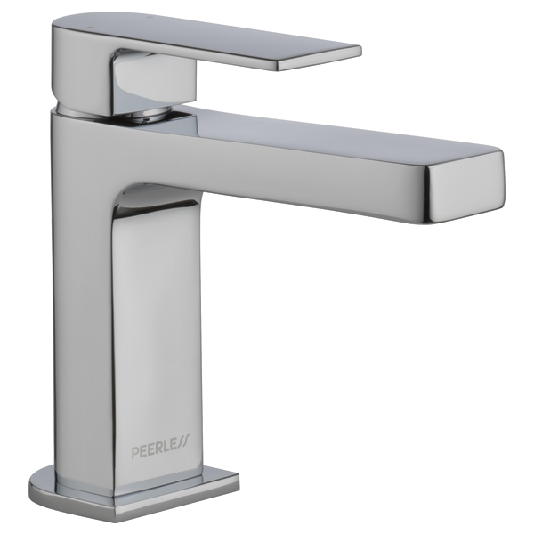 Chrome single-handle bathroom faucet with rectangular spout and pop-up drain assembly.