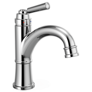 Chrome single-handle bathroom faucet with curved spout and lever handle on cylindrical base.