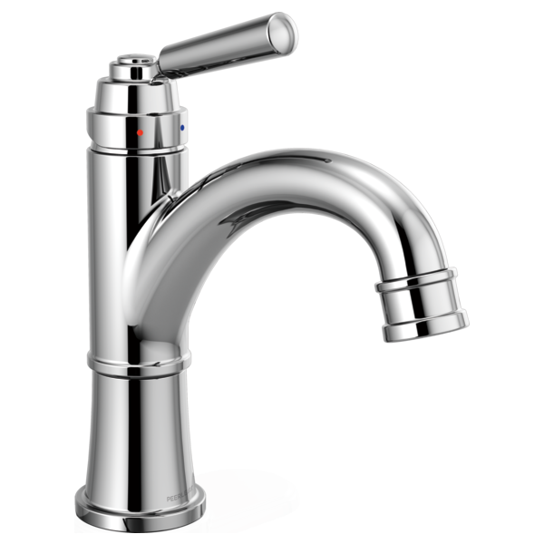 Chrome single-handle bathroom faucet with curved spout and lever handle on cylindrical base.