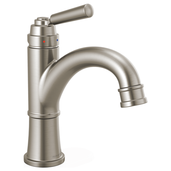 Brushed nickel single-handle bathroom faucet with curved spout and lever handle.