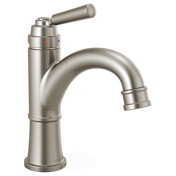 Brushed nickel single-handle bathroom faucet with curved spout and cylindrical lever handle.