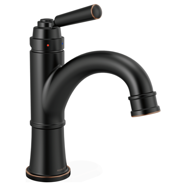 Black single-handle bathroom faucet with curved spout and cylindrical handle on tall base with copper accents.