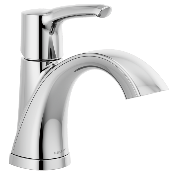 Chrome single-handle bathroom faucet with curved spout and lever handle.