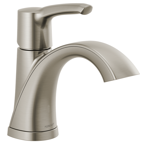 Brushed nickel single-handle bathroom faucet with curved spout and cylindrical body.