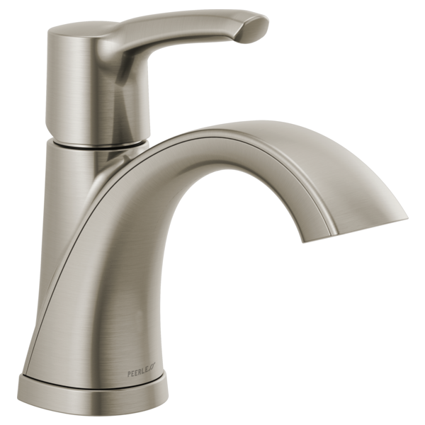 Brushed nickel single-handle bathroom faucet with curved spout and lever control.