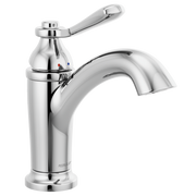 Chrome single-handle bathroom faucet with curved spout and lever handle.