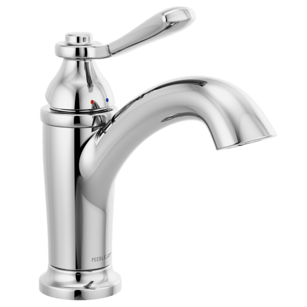 Chrome single-handle bathroom faucet with curved spout and lever handle.
