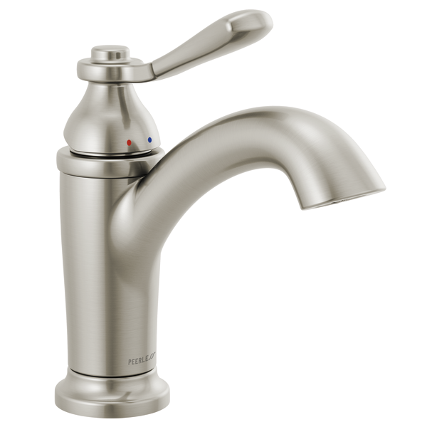 Brushed nickel single-handle bathroom faucet with curved spout and lever control.