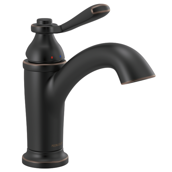 Black single-handle bath faucet with curved spout and lever handle, oil-rubbed bronze finish with temperature indicators.