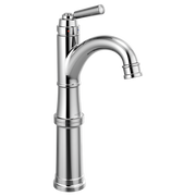 Chrome single-handle bathroom faucet with curved spout, tall riser base, and lever control handle.