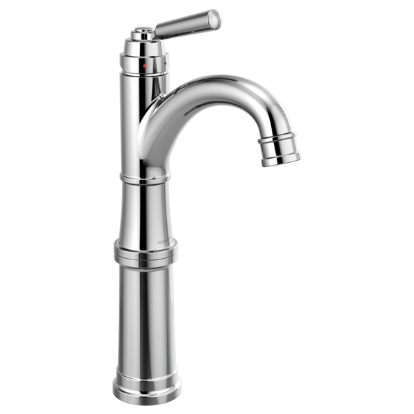 Chrome single-handle bathroom faucet with curved spout, tall riser base, and lever control handle.