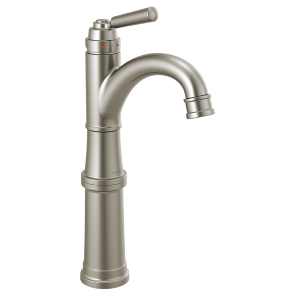 Brushed nickel single-handle bathroom faucet with curved spout and tall riser base.