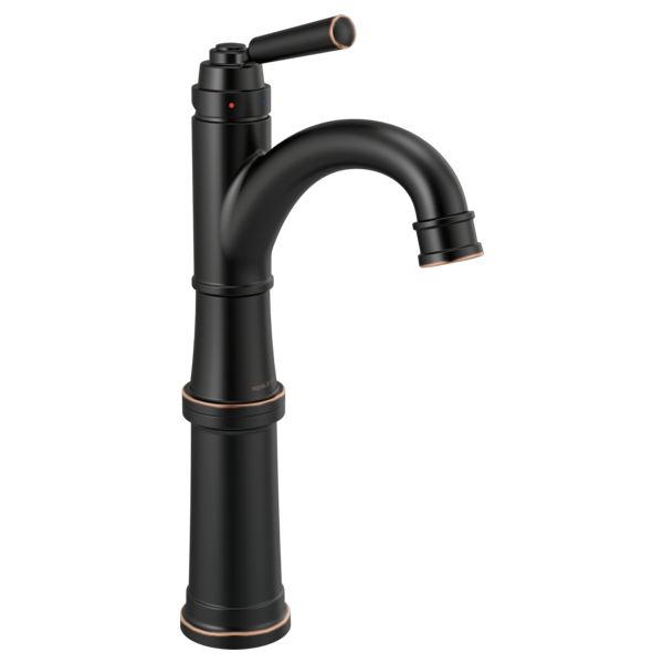 Black single-handle bathroom faucet with curved spout, lever handle, and tall riser base with bronze accents.