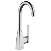 Chrome single-handle bar faucet with curved spout and rectangular lever handle.
