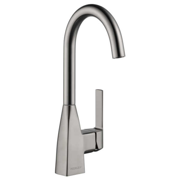 Chrome single-handle bar faucet with curved gooseneck spout and rectangular lever handle.