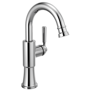 Chrome single-handle bar faucet with curved arched spout and pull-down spray head.