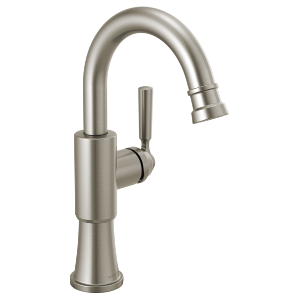 Stainless steel single-handle bar faucet with curved spout and pull-down spray head.